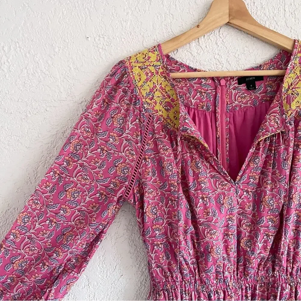 J. Crew | Embroidered Romper Pink Vines Block Print AP193